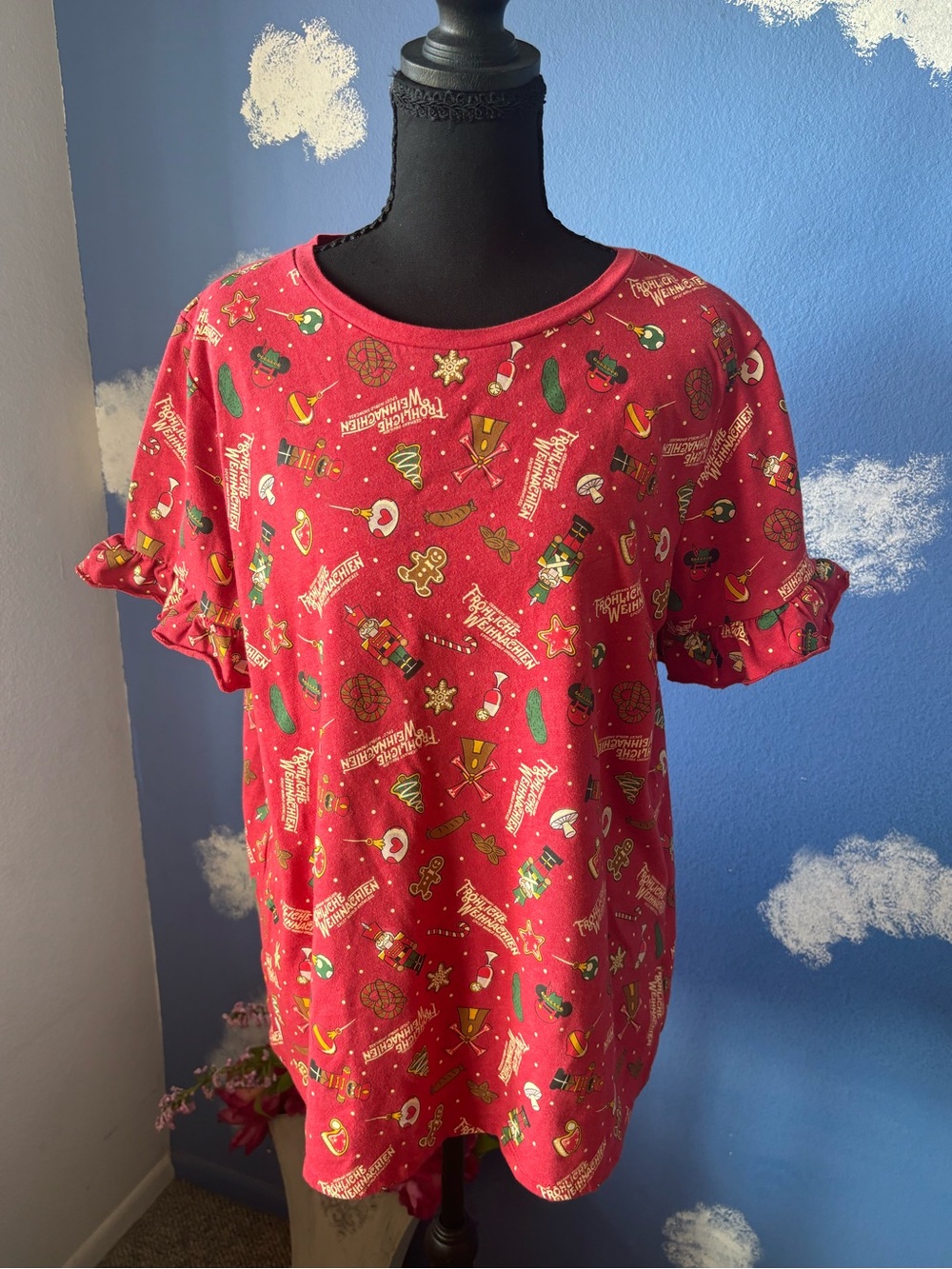 Disney Parks Red Holiday Print “Frohliche Weihnachten” Ruffle Sleeve Tee, XL